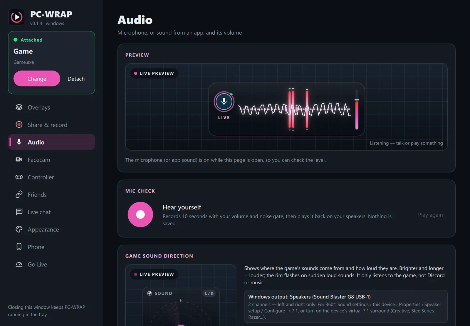 Audio: mic boost, gate and Mic check